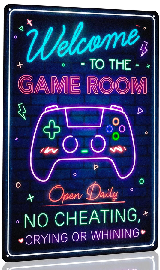 Duiseno rinted Neon Gaming Metal Poster for Gaming Room Wall Door Decor Gift for Teen Boy Boyfriend Welcome To The Game Room Sign 8 x 12 Inches - amzGamess